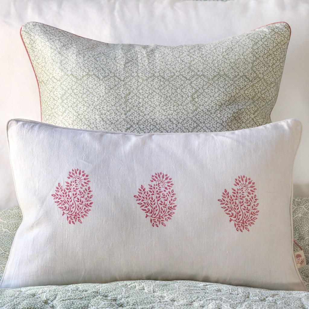 Hazel Cushion in Sage, Mira Cushion in Dark Dusty Pink, shenouk, block print cushions, indian block print, indian block print fabric, linen block print, linen cushions, indian textiles, indian block print cushions, linen cushions