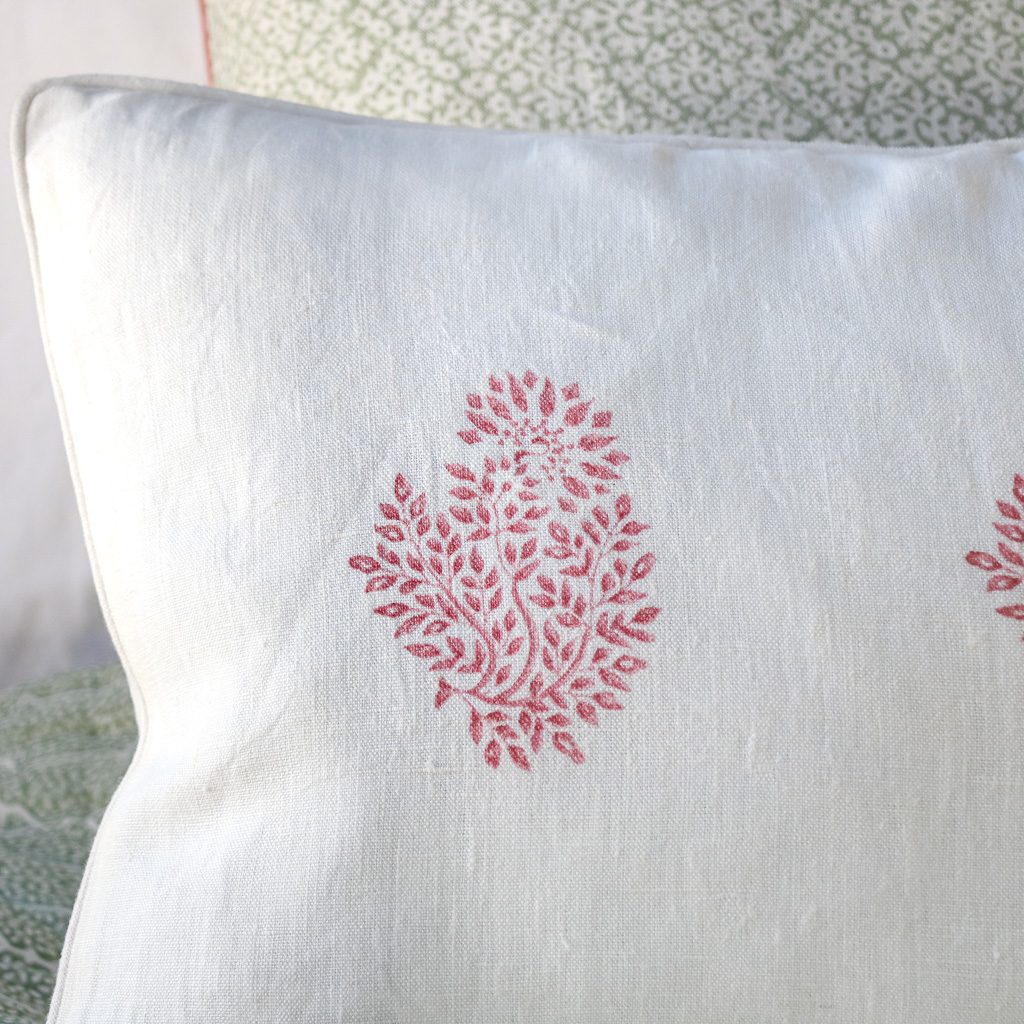 Mira Cushion in Dark Dusty Pink, shenouk, block print cushions, indian block print, indian block print fabric, linen block print, linen cushions, indian textiles, indian block print cushions, linen cushions