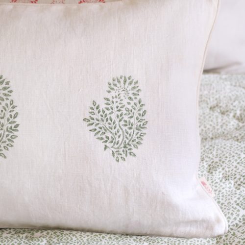 Mira Cushion in Thyme, shenouk, block print cushions, indian block print, indian block print fabric, linen block print, linen cushions, indian textiles, indian block print cushions, linen cushions