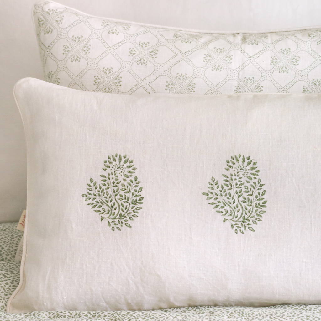 Mira Cushion in Thyme, Tashi Cushion in Thyme, shenouk, block print cushions, indian block print, indian block print fabric, linen block print, linen cushions, indian textiles, indian block print cushions, linen cushions