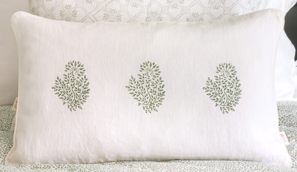 Mira Cushion in Thyme, shenouk, block print cushions, indian block print, indian block print fabric, linen block print, linen cushions, indian textiles, indian block print cushions, linen cushions