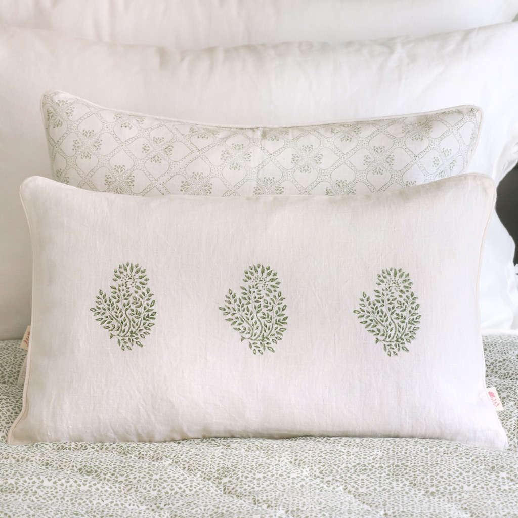 Mira Cushion in Thyme, Tashi Cushion in Thyme, shenouk, block print cushions, indian block print, indian block print fabric, linen block print, linen cushions, indian textiles, indian block print cushions, linen cushions
