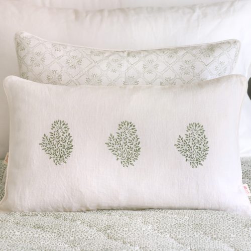 Mira Cushion in Thyme, Tashi Cushion in Thyme, shenouk, block print cushions, indian block print, indian block print fabric, linen block print, linen cushions, indian textiles, indian block print cushions, linen cushions