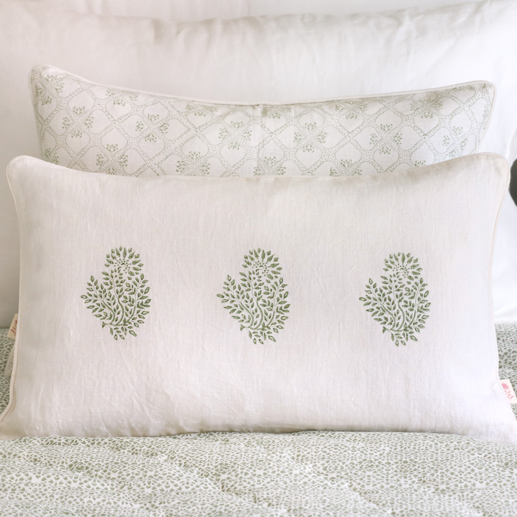 Mira Cushion in Thyme, Tashi Cushion in Thyme, shenouk, block print cushions, indian block print, indian block print fabric, linen block print, linen cushions, indian textiles, indian block print cushions, linen cushions