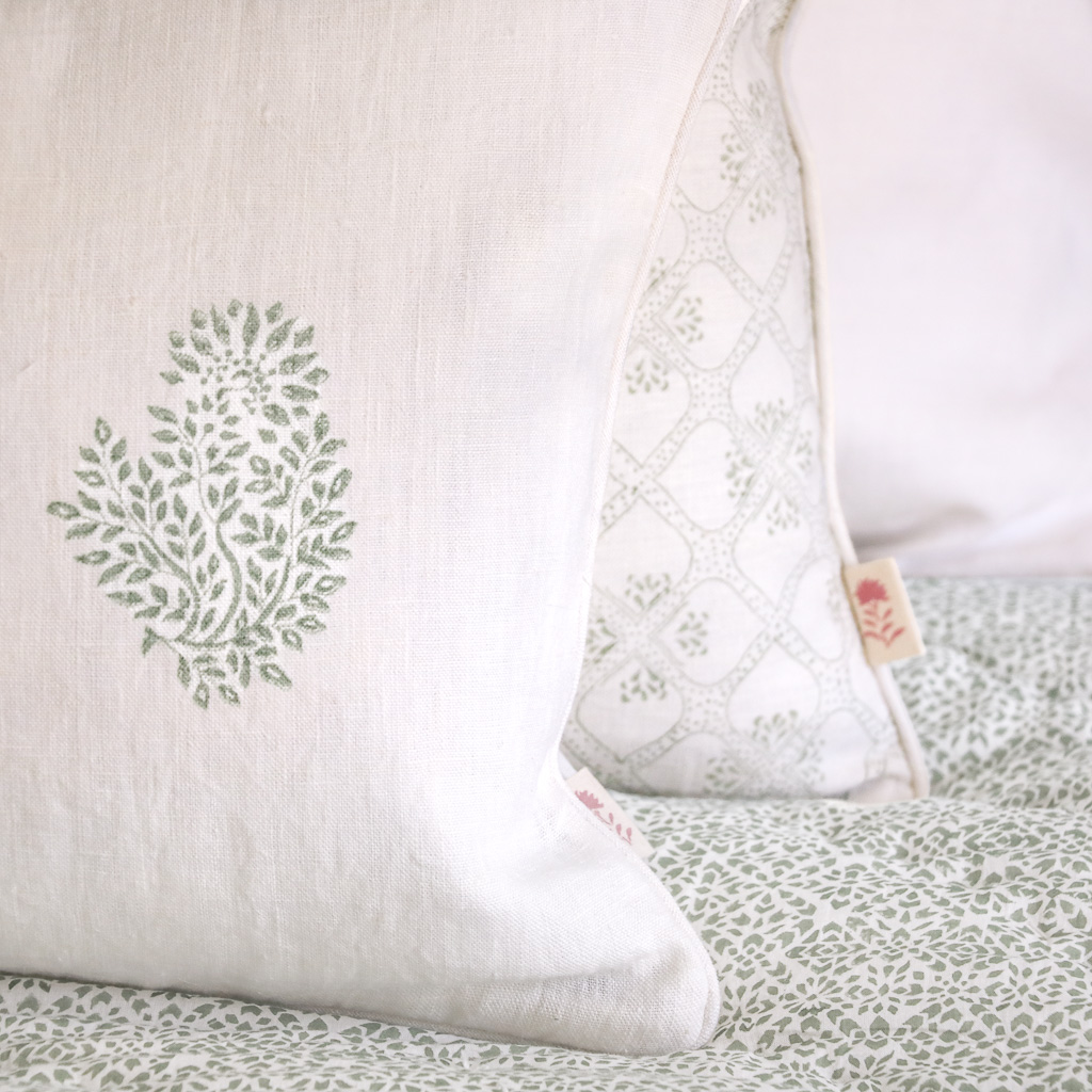 Mira Cushion in Thyme, Tashi Cushion in Thyme, shenouk, block print cushions, indian block print, indian block print fabric, linen block print, linen cushions, indian textiles, indian block print cushions, linen cushions