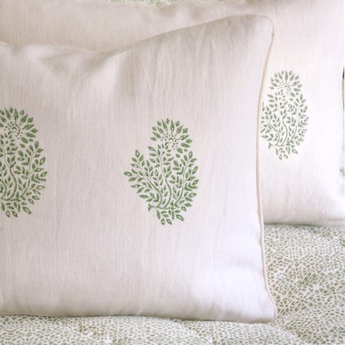 Mira Cushion in Thyme, Mira Cushion in Kelly Green, shenouk, block print cushions, indian block print, indian block print fabric, linen block print, linen cushions, indian textiles, indian block print cushions, linen cushions
