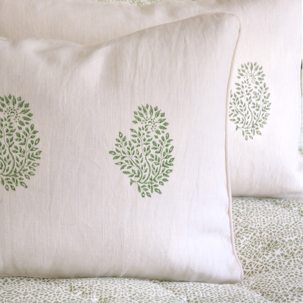 Mira Cushion in Thyme, Mira Cushion in Kelly Green, shenouk, block print cushions, indian block print, indian block print fabric, linen block print, linen cushions, indian textiles, indian block print cushions, linen cushions