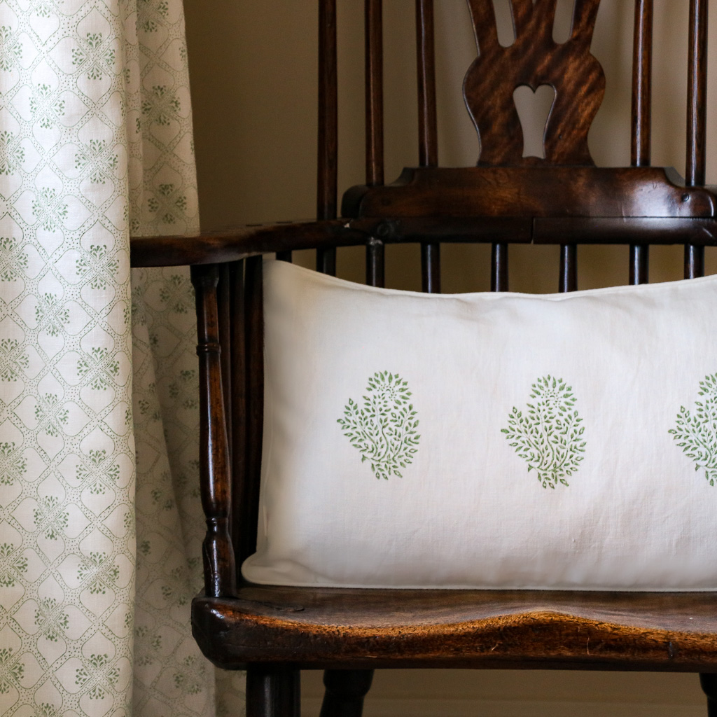 Mira Cushion in Kelly Green, shenouk, block print cushions, indian block print, indian block print fabric, linen block print, linen cushions, indian textiles, indian block print cushions, linen cushions