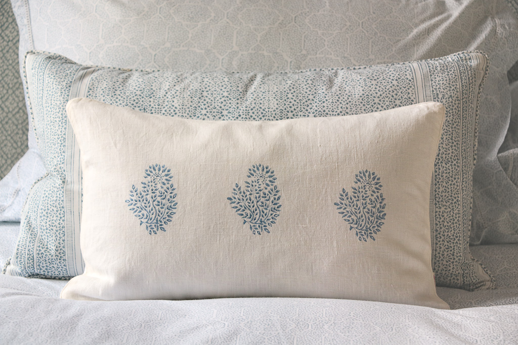 Mira Cushion in Swedish Blue, Kiki Cushion in Swedish Blue, shenouk, block print cushions, indian block print, indian block print fabric, linen block print, linen cushions, indian textiles, indian block print cushions, linen cushions