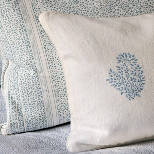 Mira Cushion in Swedish Blue, Kiki Cushion in Swedish Blue, shenouk, block print cushions, indian block print, indian block print fabric, linen block print, linen cushions, indian textiles, indian block print cushions, linen cushions