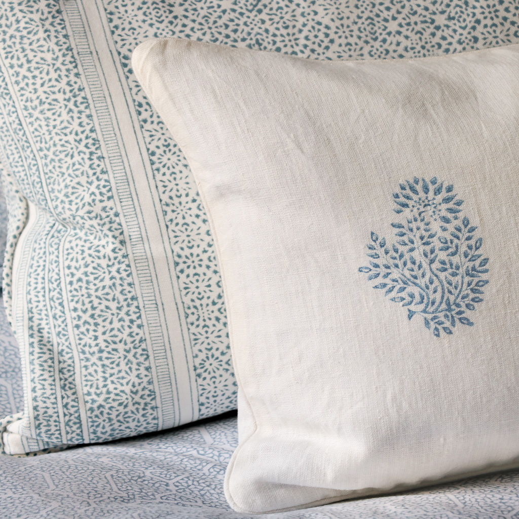 Mira Cushion in Swedish Blue, Kiki Cushion in Swedish Blue, shenouk, block print cushions, indian block print, indian block print fabric, linen block print, linen cushions, indian textiles, indian block print cushions, linen cushions