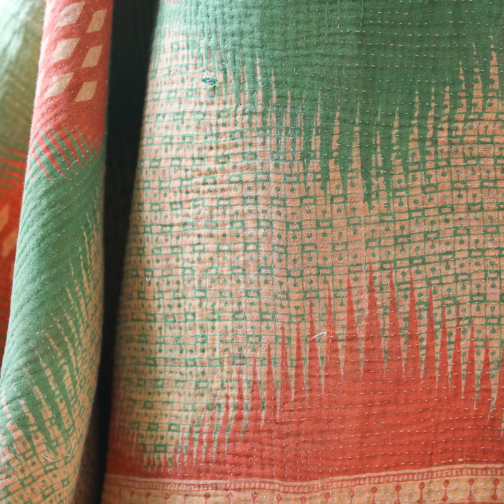 Fern Kantha, Indian hand block print fabric. Block print fabric, vintage kantha, vintage textiles, indian textiles, Indian kantha, shenouk, Bengali blankets