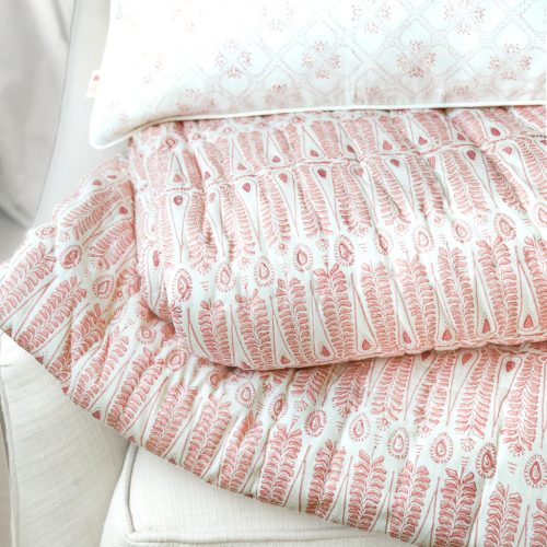 Carolla Quilt in Dusty Rose, Tashi Cushion in Dusty Rose, shenouk, block print cushions, indian block print, indian block print fabric, linen block print, linen cushions, indian textiles, indian block print cushions, linen cushions, block print quilts, block print bedding