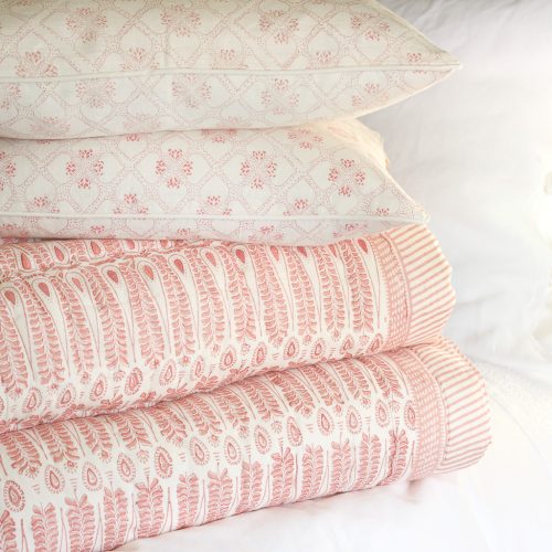 Carolla Quilt in Dusty Rose, Tashi Cushion in Dusty Rose, Tashi Cushion in Raspberry, shenouk, block print cushions, indian block print, indian block print fabric, linen block print, linen cushions, indian textiles, indian block print cushions, linen cushions, block print quilts, block print bedding