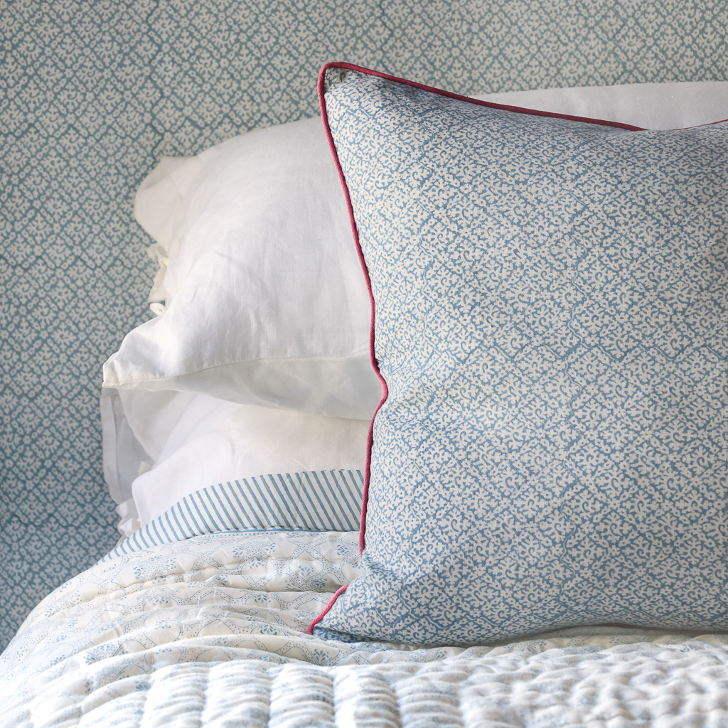 Tashi & Lotta Quilt in Swedish Blue, Hazel Cushion in Swedish Blue, shenouk, block print cushions, indian block print, indian block print fabric, linen block print, linen cushions, indian textiles, indian block print cushions, linen cushions, block print quilts, block print bedding