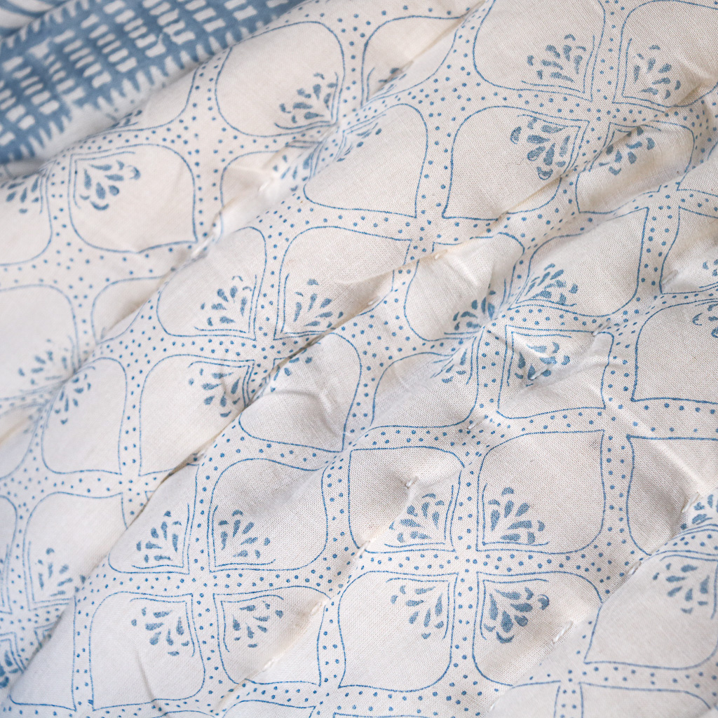Tashi & Lotta Quilt in Swedish Blue, shenouk, block print cushions, indian block print, indian block print fabric, linen block print, linen cushions, indian textiles, indian block print cushions, linen cushions, block print quilts, block print bedding