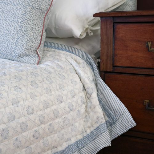 Tashi & Lotta Quilt in Swedish Blue, Hazel Cushion in Swedish Blue, shenouk, block print cushions, indian block print, indian block print fabric, linen block print, linen cushions, indian textiles, indian block print cushions, linen cushions, block print quilts, block print bedding
