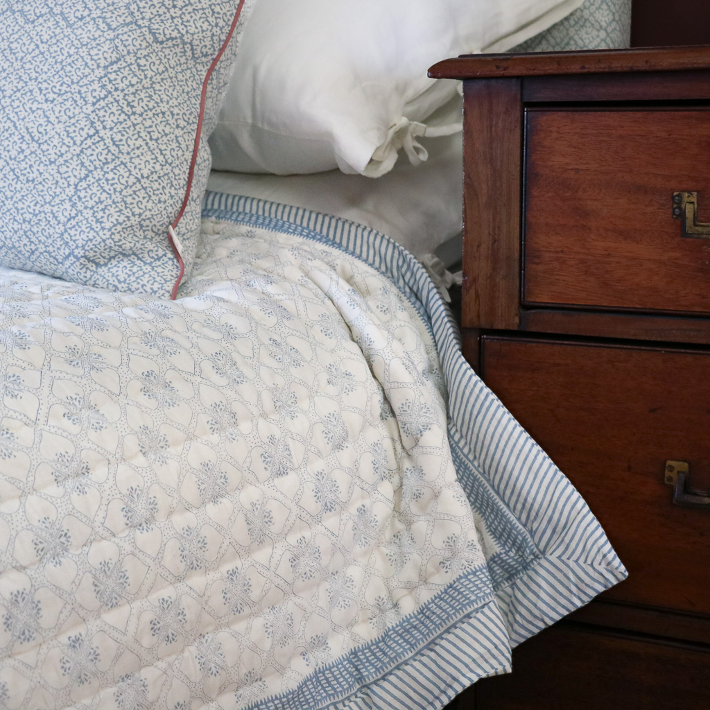 Tashi & Lotta Quilt in Swedish Blue, Hazel Cushion in Swedish Blue, shenouk, block print cushions, indian block print, indian block print fabric, linen block print, linen cushions, indian textiles, indian block print cushions, linen cushions, block print quilts, block print bedding