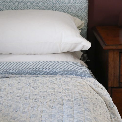 Tashi & Lotta Quilt in Swedish Blue, shenouk, block print cushions, indian block print, indian block print fabric, linen block print, linen cushions, indian textiles, indian block print cushions, linen cushions, block print quilts, block print bedding