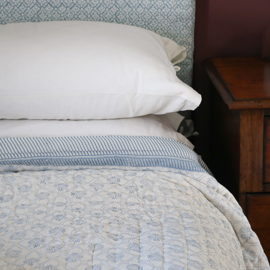 Tashi & Lotta Quilt in Swedish Blue, shenouk, block print cushions, indian block print, indian block print fabric, linen block print, linen cushions, indian textiles, indian block print cushions, linen cushions, block print quilts, block print bedding