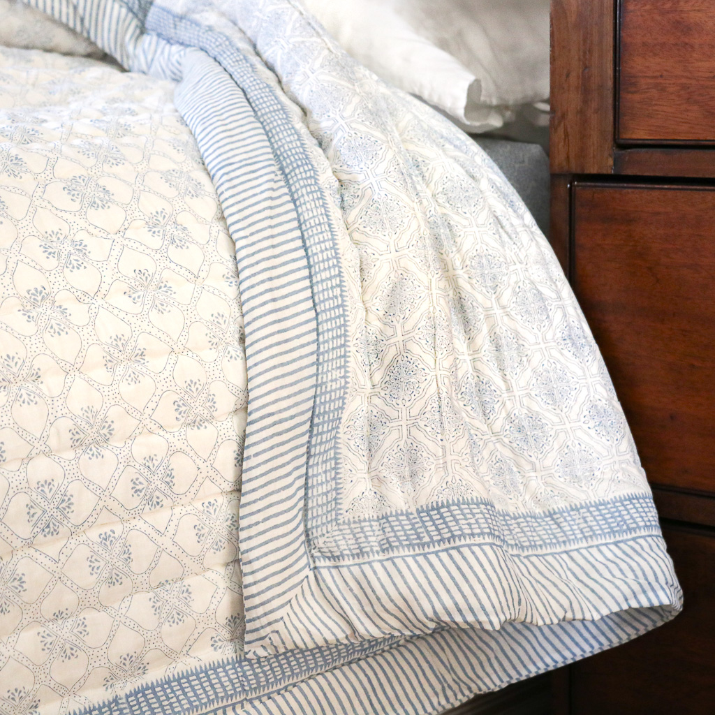 Tashi & Lotta Quilt in Swedish Blue, shenouk, block print cushions, indian block print, indian block print fabric, linen block print, linen cushions, indian textiles, indian block print cushions, linen cushions, block print quilts, block print bedding