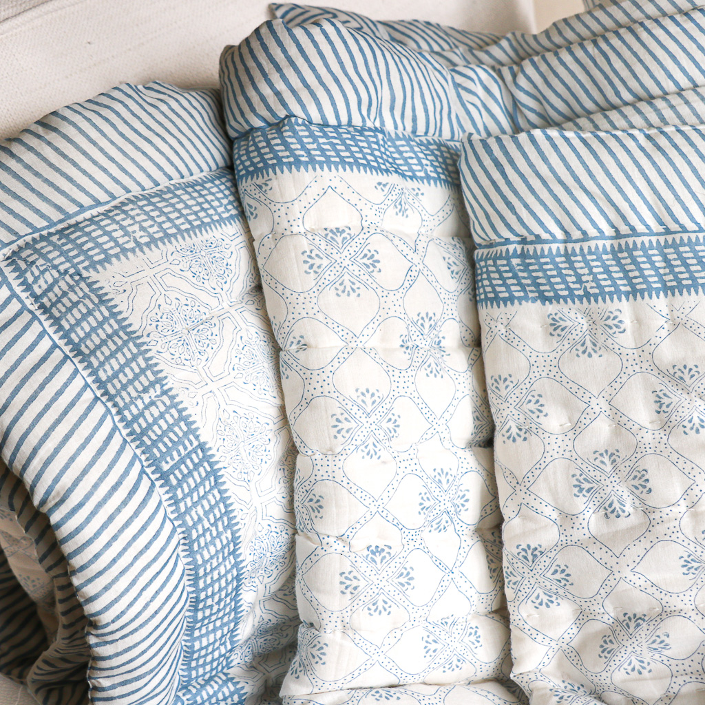 Tashi & Lotta Quilt in Swedish Blue, shenouk, block print cushions, indian block print, indian block print fabric, linen block print, linen cushions, indian textiles, indian block print cushions, linen cushions, block print quilts, block print bedding