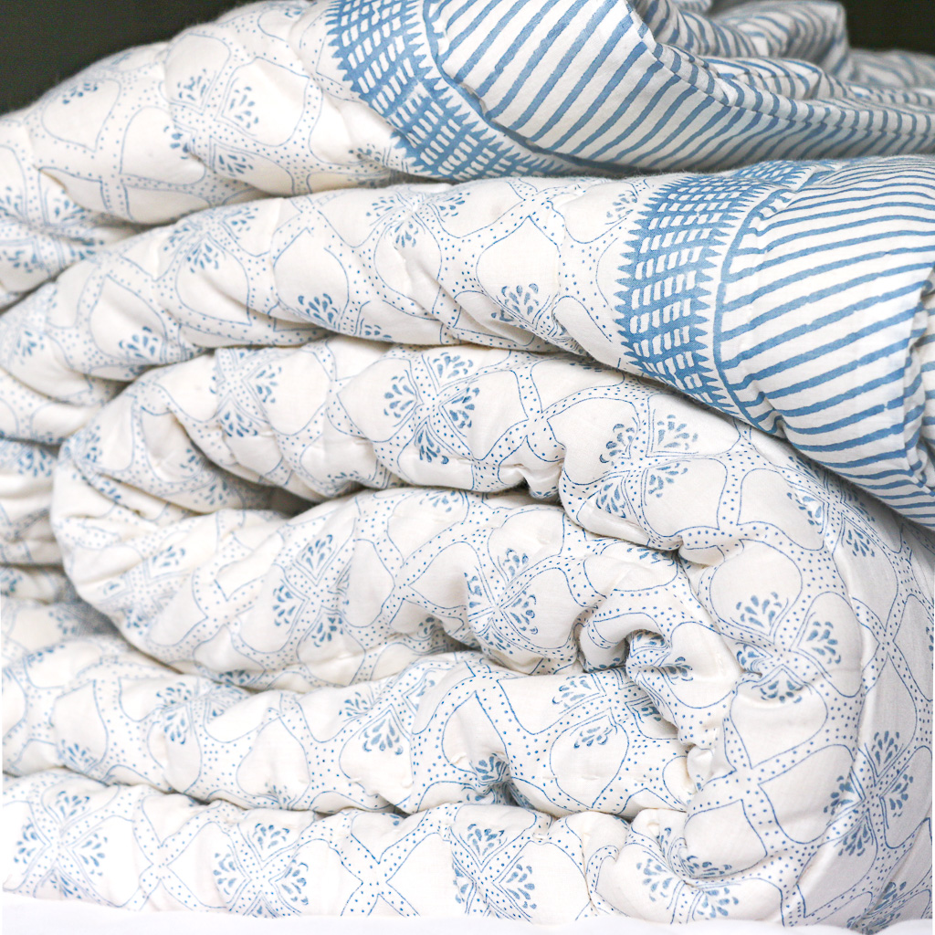 Tashi & Lotta Quilt in Swedish Blue, shenouk, block print cushions, indian block print, indian block print fabric, linen block print, linen cushions, indian textiles, indian block print cushions, linen cushions, block print quilts, block print bedding