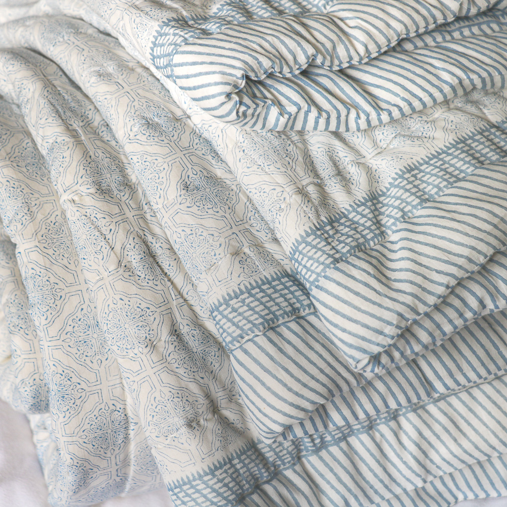 Tashi & Lotta Quilt in Swedish Blue, shenouk, block print cushions, indian block print, indian block print fabric, linen block print, linen cushions, indian textiles, indian block print cushions, linen cushions, block print quilts, block print bedding