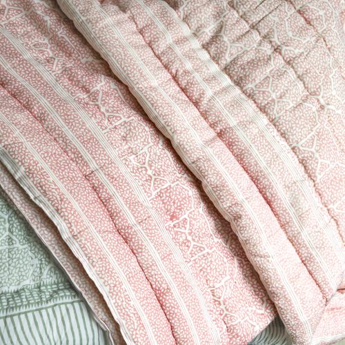 Gauntess Quilt in Dusty Rose & Petal, shenouk, block print cushions, indian block print, indian block print fabric, linen block print, linen cushions, indian textiles, indian block print cushions, linen cushions, block print quilts, block print bedding