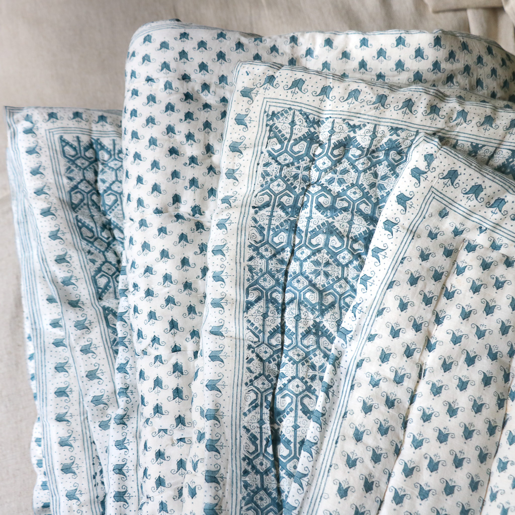 Livia Quilt in Swedish Blue, shenouk, block print cushions, indian block print, indian block print fabric, linen block print, linen cushions, indian textiles, indian block print cushions, linen cushions, block print quilts, block print bedding
